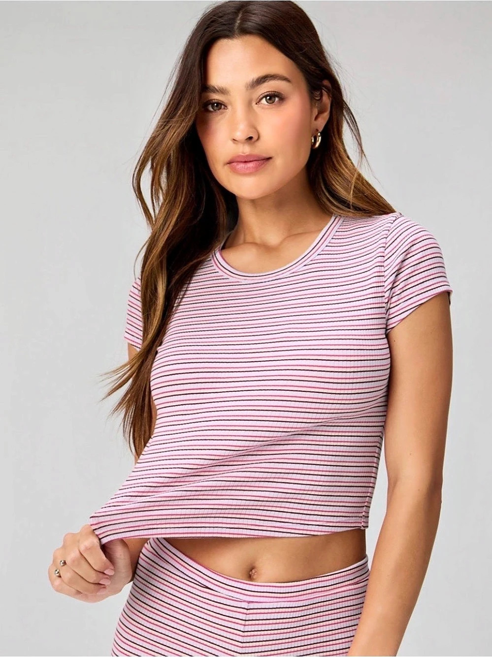 NWT Fabletics Lilac Lily Heritage Stripe Modal Rib Cropped Short-Sleeve Tee